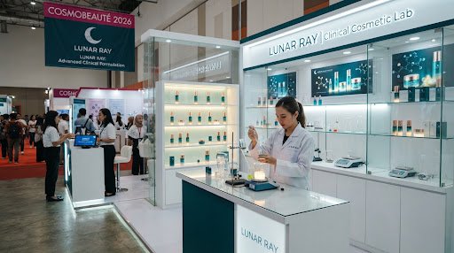 Modern clinical cosmetic formulation laboratory of Lunaray at Cosmobeauté exhibition, glowing futuristic skincare bottles, pristine minimalist glass aesthetic, deep teal accents, luxury dermatological displays, bright architectural lighting